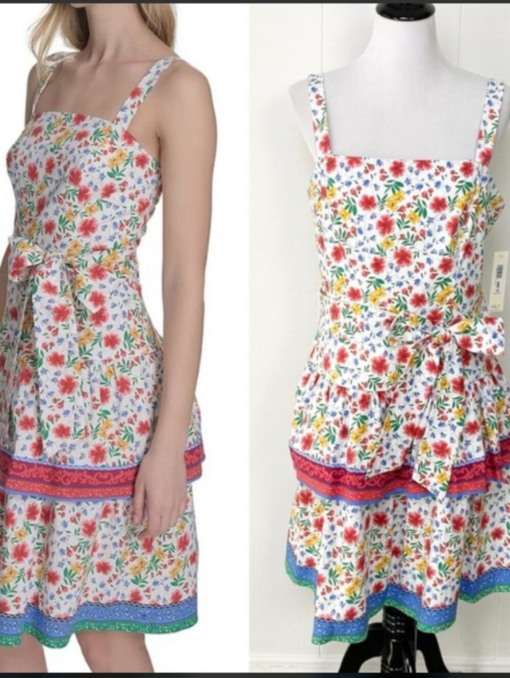 Eliza J Poplin Floral Print Square Neck Tiered Dress